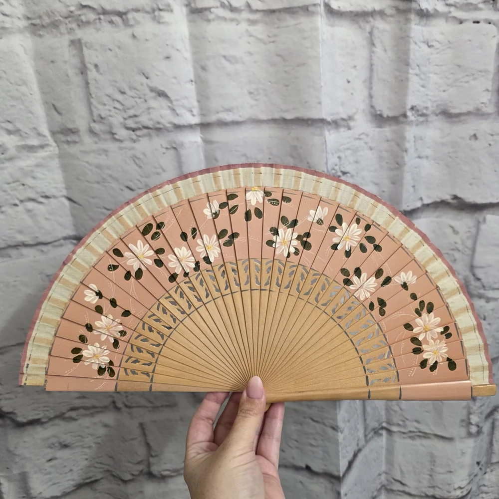 Floral Handheld Fan - Pink and Tan - Picture 1 of 10